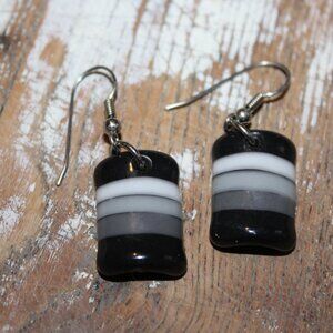 Vintage set of Pierced Earrings. Black and Gray Slump or Slag Glass